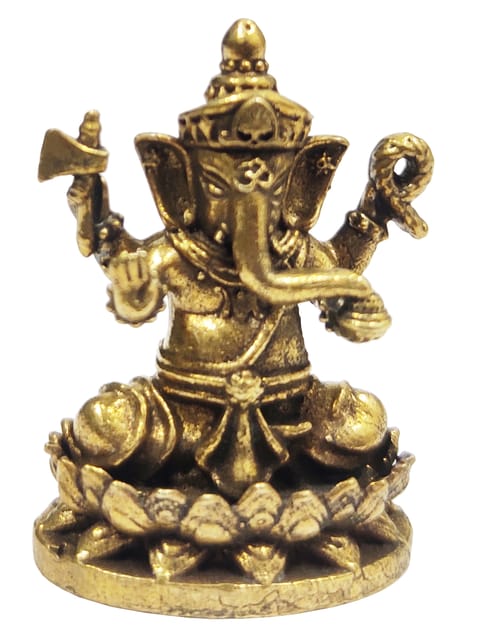 Rare Miniature Brass Idol Ganesha Ganapati On Lotus: Collectible Statue With Detailed Very Fine Workmanship (12698Z4)