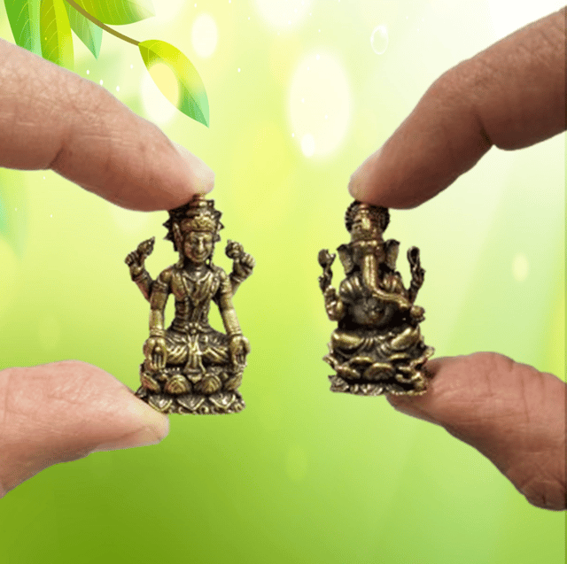 Rare Miniature Brass Idols Lakshmi Ganesha: Collectible Statues With Detailed Very Fine Workmanship (12698Z9)