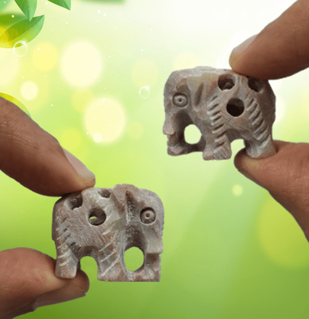 Stone Miniature Statue Elephant Pair: Lattice Design Mesh Cutwork Set Of 2 Figurines (12642A)