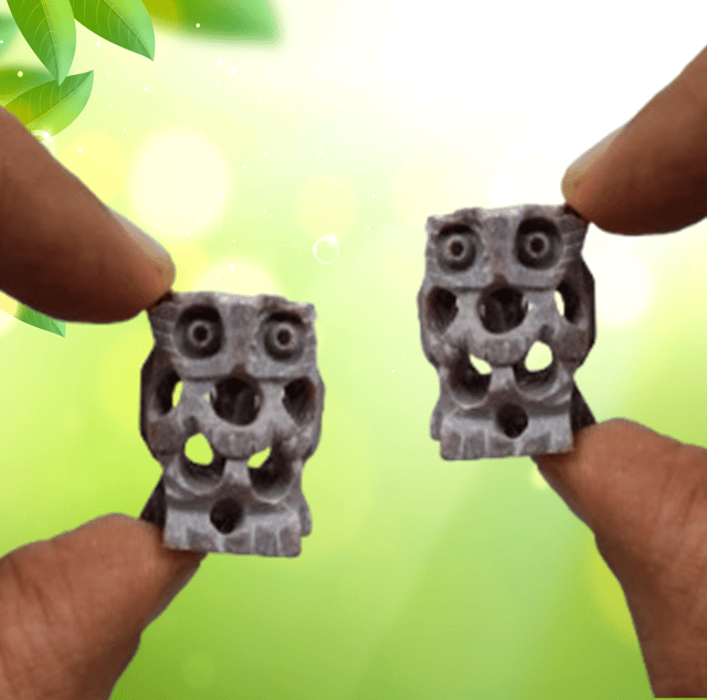 Stone Miniature Statue Owl Pair: Lattice Design Mesh Cutwork Set Of 2 Figurines (12642B)