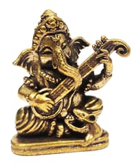 Rare Miniature Brass Idol Ganesha Playing Sitar Or Veena: Collectible Statue With Detailed Very Fine Workmanship  (12698Z11)
