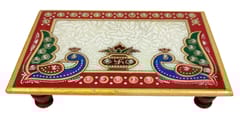 Marble Chowki Aasan With Traditional Painting: Platform Plinth For Temple Statues, 6*4 Inches (11839A)