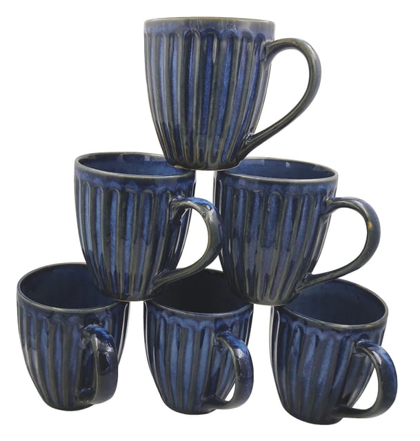 Ceramic Cup Set Of 6: Premium Design Large Mugs For Tea Coffee, 250 ml, Blue (12767A)