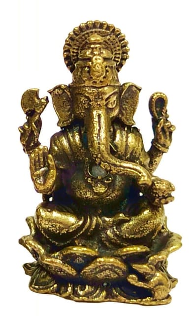Rare Miniature Brass Idol Ganesha Ganapati On Lotus: Collectible Statue With Detailed Very Fine Workmanship (12698Z7)