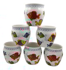 Ceramic Designer Kulhar Cups Colorful Fish: Indian Souvenir Memorabilia Set Of 6 Mugs (12314B)