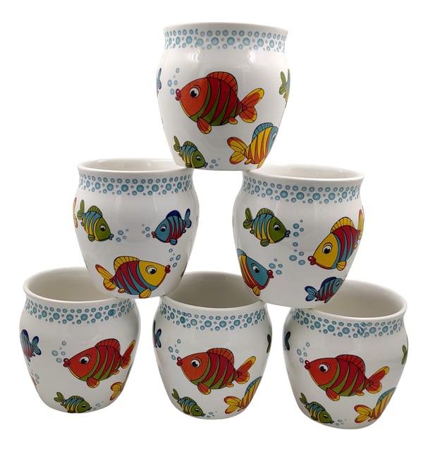 Ceramic Designer Kulhar Cups Colorful Fish: Indian Souvenir Memorabilia Set Of 6 Mugs (12314B)
