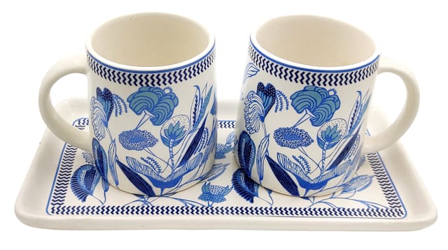 Ceramic Cups Set: Two Mugs With Serving Tray For Tea Coffee, 250 ml, Blue (12768A)