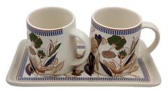 Ceramic Cups Set: Two Mugs With Serving Tray For Tea Coffee, 250 ml, Multicolor (12768B)