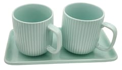 Ceramic Cups Set: Two Ribbed Stripes Mugs With Serving Tray For Tea Coffee, 250 ml, Green (12768C)