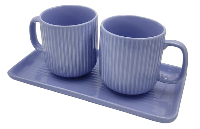 Ceramic Cups Set: Two Ribbed Stripes Mugs With Serving Tray For Tea Coffee, 250 ml, Blue (12768D)