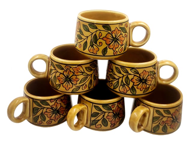 Ceramic Cup Set Of 6: Premium Handpainted Cups For Tea Coffee, 120 ml, Yellow (12769A)