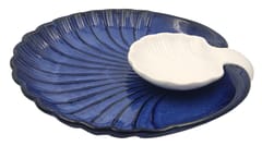 Ceramic Designer Serving Plate Tray With Dips Bowl: Stylish Platter To Serve Snacks With Chutney Or Sauce, Blue (12770)