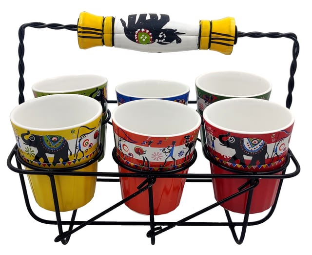 Ceramic Cutting Chai Glasses Set With Stand: Indian Vinatge Chai Holder With 6 Designer Tea Coffee Serving Cups, Multicolor (12771)