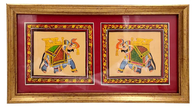 Silk Cloth Painting Gorgeous Elephants (Set Of 2): Indian Rajasthani Intricate Artwork Framed For Table Top Or Wall Hanging; Collectible Miniature Art (12478)