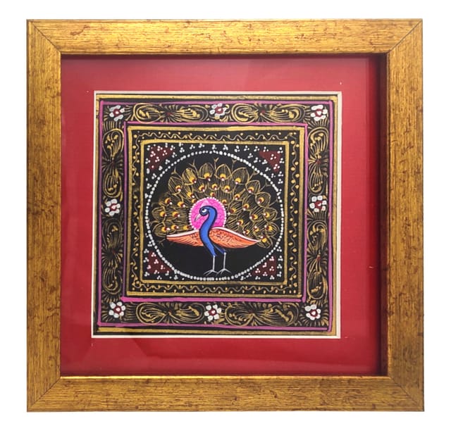 Silk Cloth Painting Golden Peacock: Indian Rajasthani Intricate Artwork Framed For Table Top Or Wall Hanging; Collectible Miniature Art (12477A)