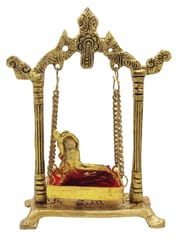 Metal Idol Makhan Chor Krishna On Jhula Swing: Gold Finish Decorative Statue For Home Temple (12772)