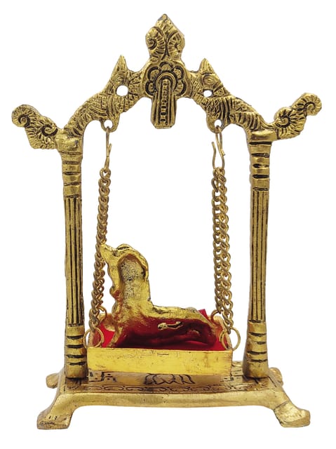 Metal Idol Makhan Chor Krishna On Jhula Swing: Gold Finish Decorative Statue For Home Temple (12772)