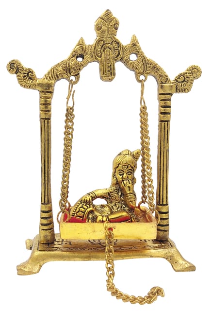 Metal Idol Makhan Chor Krishna On Jhula Swing: Gold Finish Decorative Statue For Home Temple (12772)