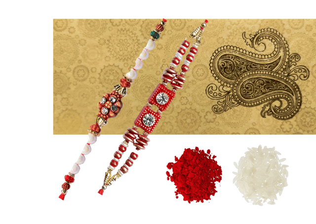 Rakhi Hamper For Brother In Shagun Envelope: Set Of 2 Rakhi Bracelets, Roli Chawal Tika (rakhi34)