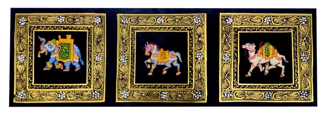 Silk Cloth Painting Desert Kingdom - Royal Horse, Elephant & Camel: Collectible Indian Miniature Superfine Art Unframed Wall Hanging (12479H)