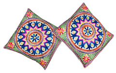 Cotton Throw Pillow Cushion Covers 'Royal Welcome': Ethnic Design Embroidery, Set Of 2, 16 Inches (12445O)