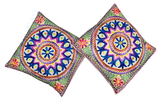Cotton Throw Pillow Cushion Covers 'Royal Welcome': Ethnic Design Embroidery, Set Of 2, 16 Inches (12445O)