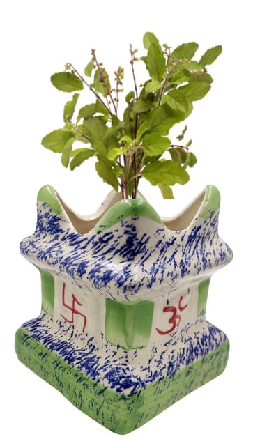 Ceramic Tulsi (Thulasi) Planter Flower Pot: Holy Hindu Plant Vase Indoor Outdoor 5.5 Inches Red Green (12551C)
