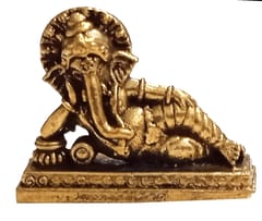 Rare Miniature Brass Idol Sleeping / Reclining Ganesha, Unique Avatar of Ganapati: Collectible Statue With Detailed Very Fine Workmanship  (12698Z13)