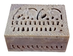 Stone Decorative Box 'Elephant Safari': Hand Carved Lattice Work Case For Holding Jewellery, Bills, Or Makeup (12679B)