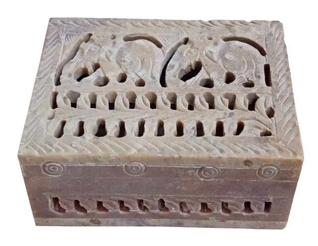 Stone Decorative Box 'Elephant Safari': Hand Carved Lattice Work Case For Holding Jewellery, Bills, Or Makeup (12679B)