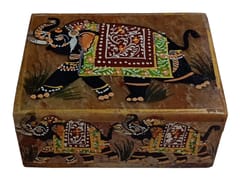 Stone Decorative Box 'Festive Elephant': Hand Painted Intricate Design Black Case For Holding Jewellery, Bills, Or Makeup (12679A)