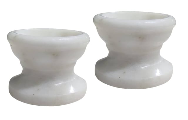 Marble Diya Set Of Two With Stand: Classic Hourglass Design Deepak Oil Lamps For Home Temple (11896A)