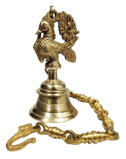 Brass Temple Hanging Bell In Peacock Design: Decorative Bell With Deep Sound (10719)