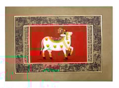 Vintage Paper Painting In Unique Fusion Of Rajasthani Pichwai & Miniature Art Forms: Kamdhenu Wishing Cow With Ancient Devanagri Scriptures On Borders & Behind, Unframed (12479J)