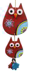 Terracotta Clay Wall Hanging 'Three Owls': Hand Painted Décor Ornament For Door or Walls, Red & Blue (12755B)