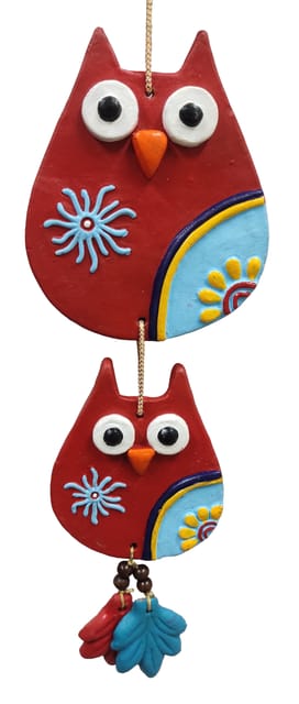 Terracotta Clay Wall Hanging 'Three Owls': Hand Painted Décor Ornament For Door or Walls, Red & Blue (12755B)