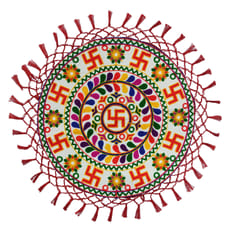 Cotton Table Cloth Plate Cover Thaal Posh: Beautiful Embroidery Design Decorative Mat, Hindu Symbol Saathiya Design (12687C)