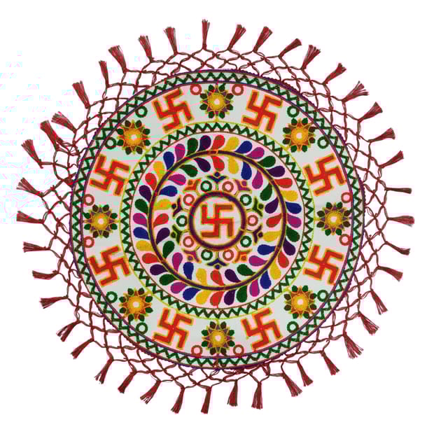 Cotton Table Cloth Plate Cover Thaal Posh: Beautiful Embroidery Design Decorative Mat, Hindu Symbol Saathiya Design (12687C)