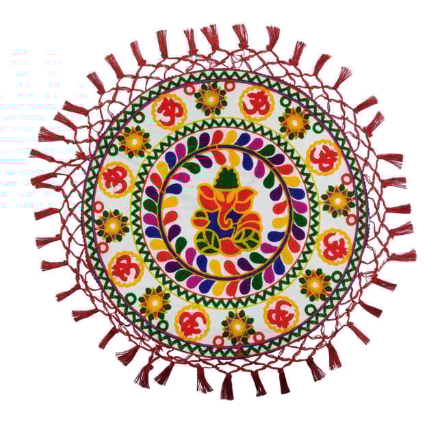 Purpledip Cotton Table Cloth Plate Cover Thaal Posh: Ganesh Ganapati Embroidery Design Decorative Mat (12687D)