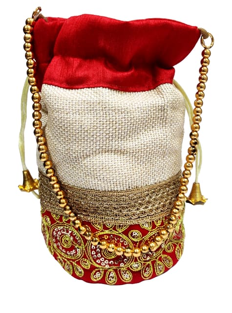 Rich Velvet Potli Bag (Clutch, Drawstring Purse, Evening Handbag) For Women With  Heavy Gold Embroidery Work and Colorful Tassels , Red (11479)