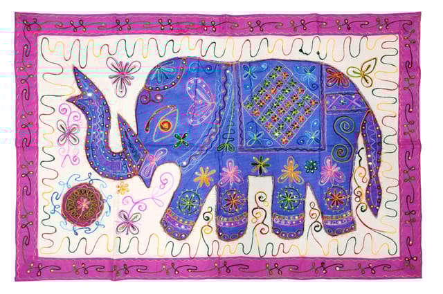 Cotton Tapestry 'Royal Elephant': Vintage Patchwork Sequin Embroidery Bed Throw Or Wall Hanging (11357)
