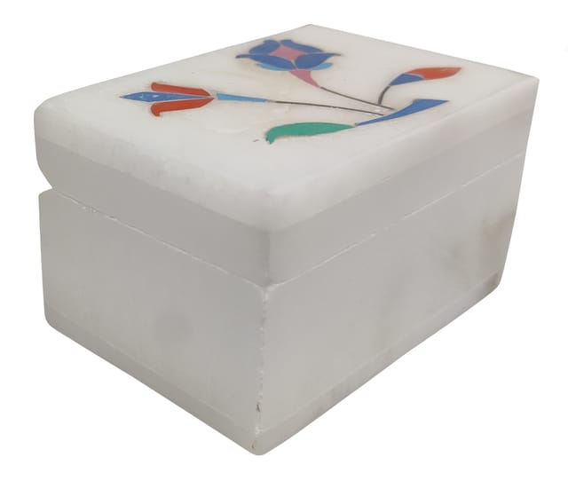 Marble Box With Colorful Inlay Work - Handmade Small Indian Gift (12679C)