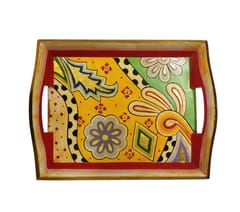 Deco Hand Painted Wooden Tray, 10 inch , Holds 4 Glasses (wdt03)