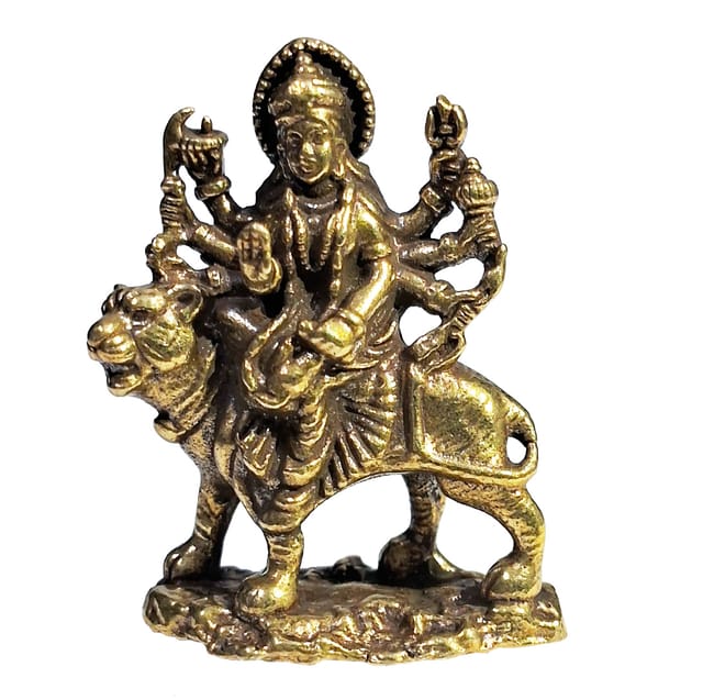 Rare Miniature Brass Statue Sherawali Mata Durga Ma: Collectible Idol With Detailed Fine Workmanship (12698Z28)