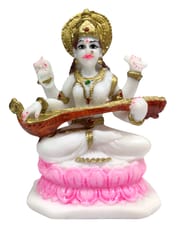 Resin Idol Saraswathi (Saraswati) On Lotus: White Marble Finish Statue With Gold Touches (12660B)