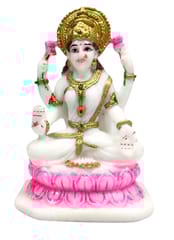 Resin Idol Mahalakshmi Laxmi On Lotus: White Marble Finish Statue With Gold Touches (12660A)
