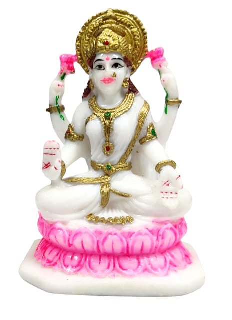Resin Idol Mahalakshmi Laxmi On Lotus: White Marble Finish Statue With Gold Touches (12660A)