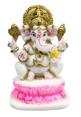 Resin Idol Ganesha Siddhi Vinayak On Lotus: White Marble Finish Statue With Gold Touches (12660)
