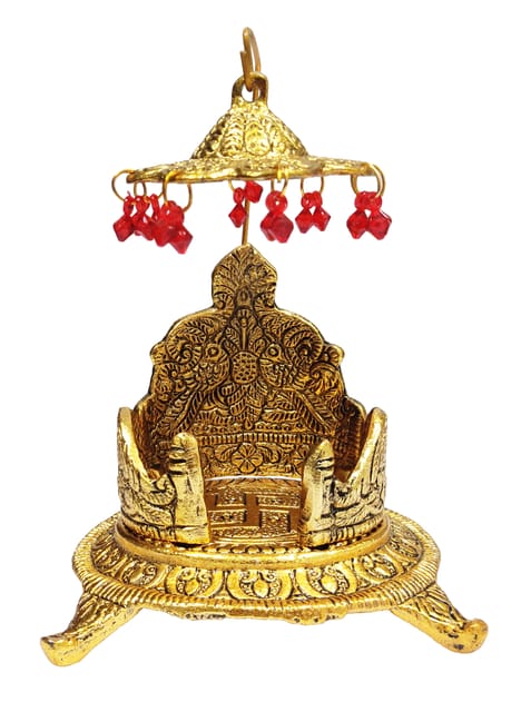 Metal Singhasan (Gold Throne Chowki with Canopy): Platform for Temple Idols (11838)