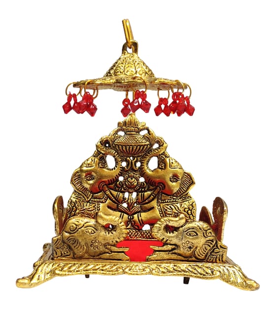 Metal Singhasan Gold Throne Chowki With Velvet Seat And Canopy Chatra: Platform Plinth For Temple Idols (11838A)